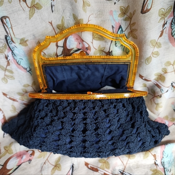 Vintage 1940's Large Half Moon Corded Clutch Purse Crochet Carved Lucite Handle - Picture 5 of 10